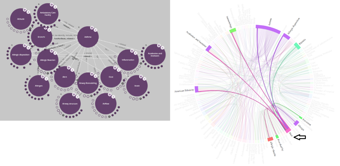  Left: LodLive visualization of the relationships of the “Asthma” concept and other extracted concepts; Right: Chord graph showing the relationships of the concept “Dust” with the other extracted concepts.